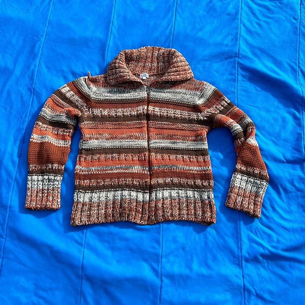 Etam brown/orange striped long sleeve zip down sweater